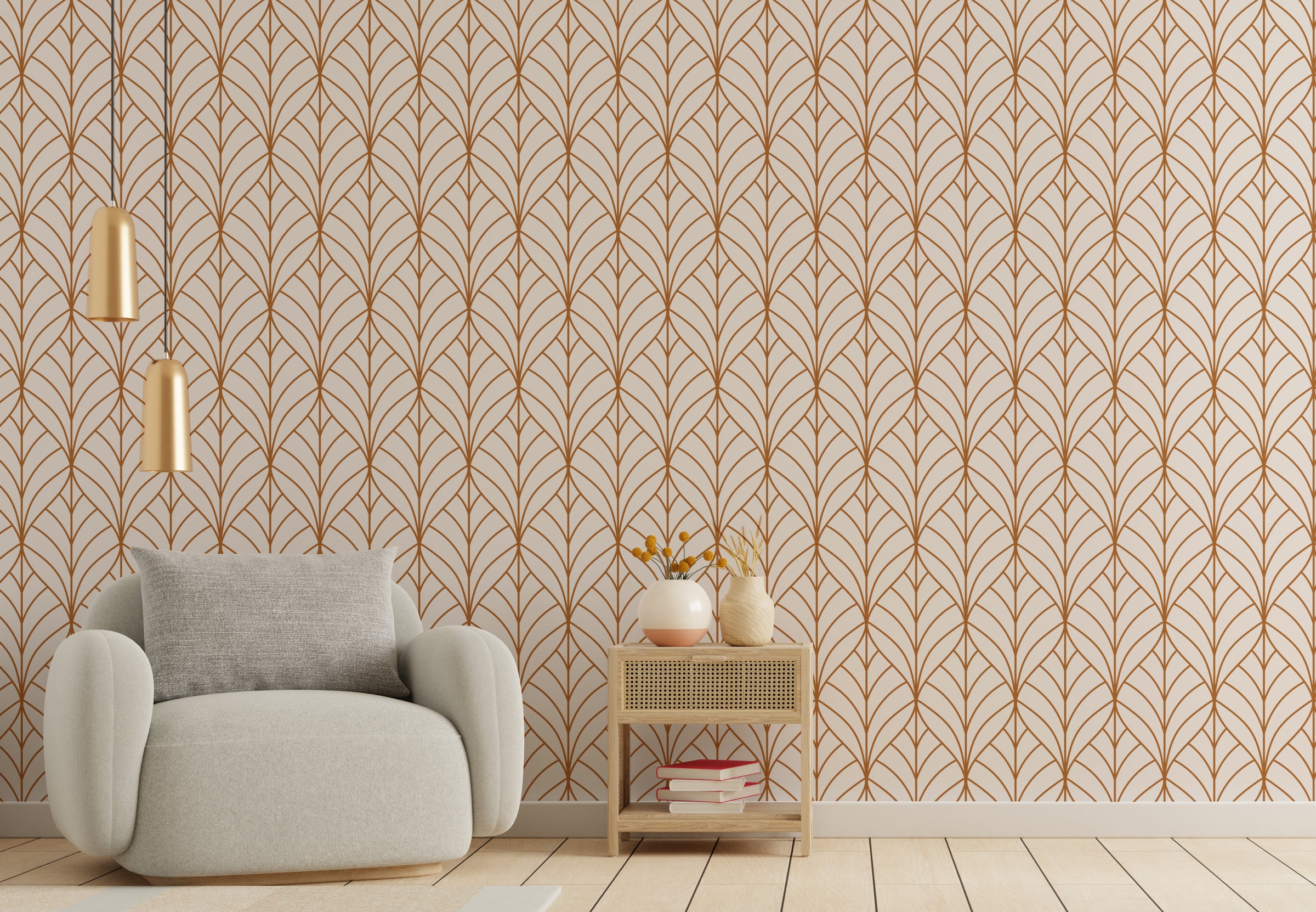 Rust Brown Leaf Wallpaper | Modern Repeat Pattern Art Deco | Peel And Stick