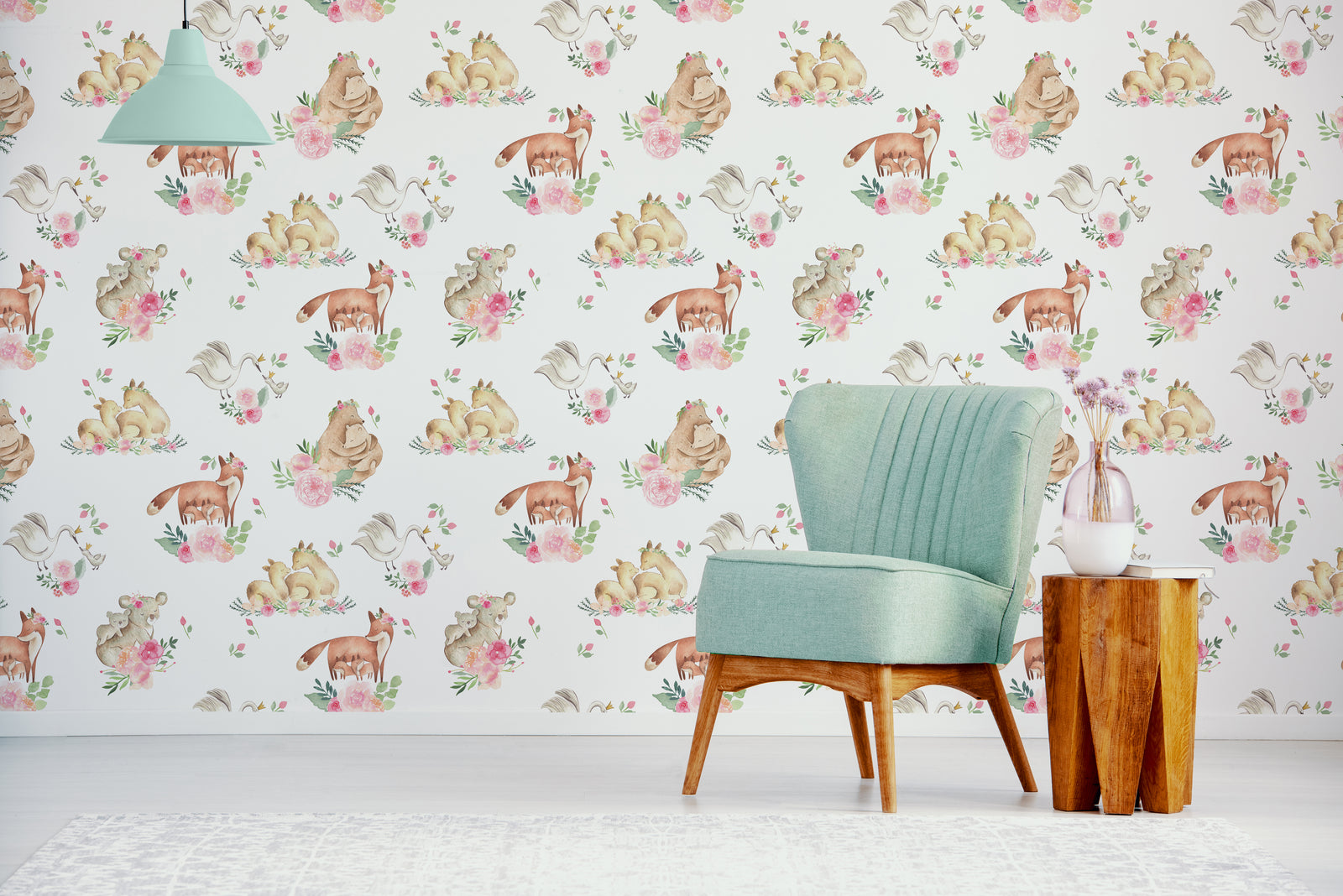 Scandinavian nursery accent wall wallpaper with neutral pastel woodland animals and soft floral design, minimal kids room