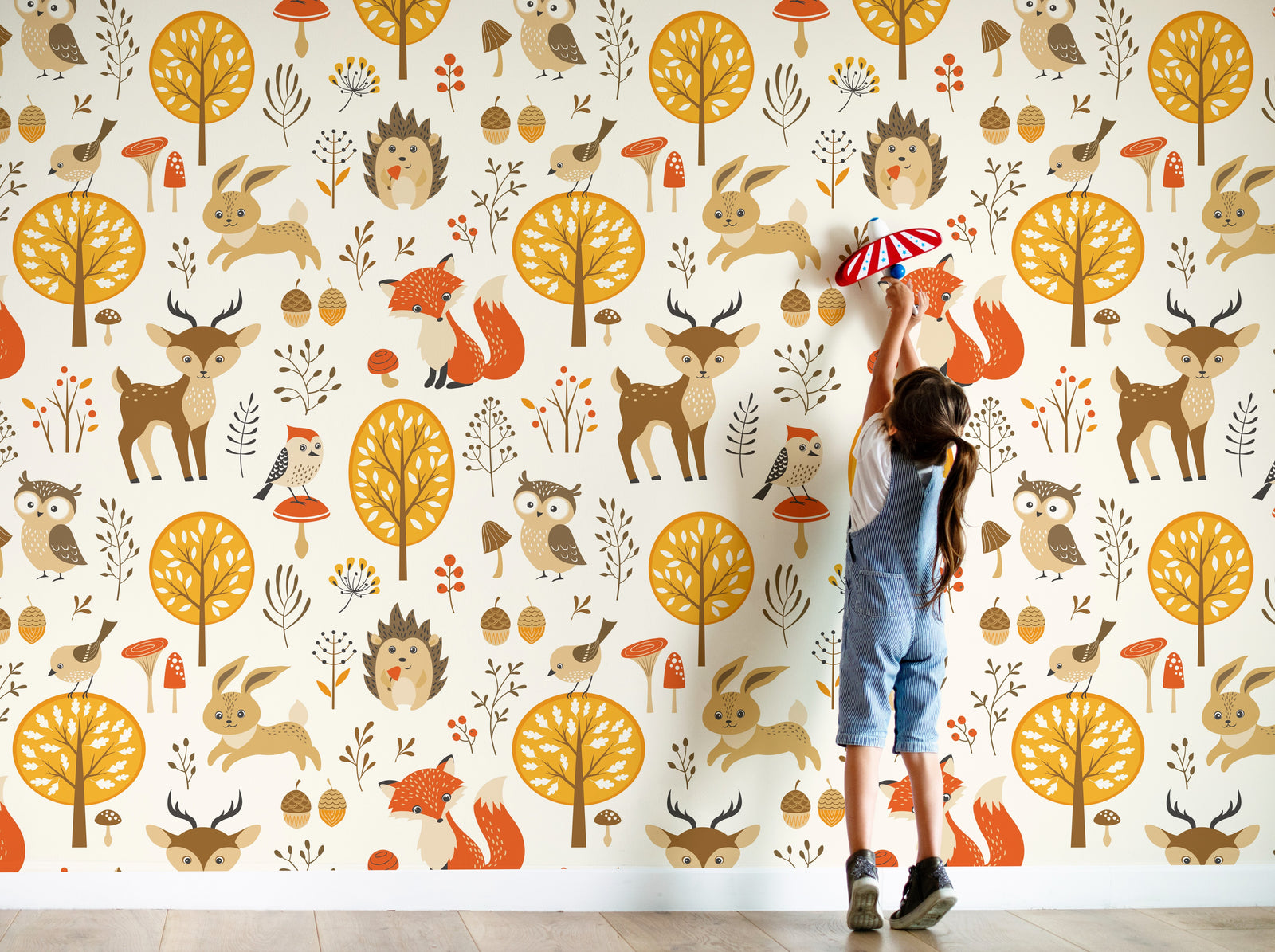 Kids nursery wallpaper with cute woodland animals trees mushrooms soft earthy colors
