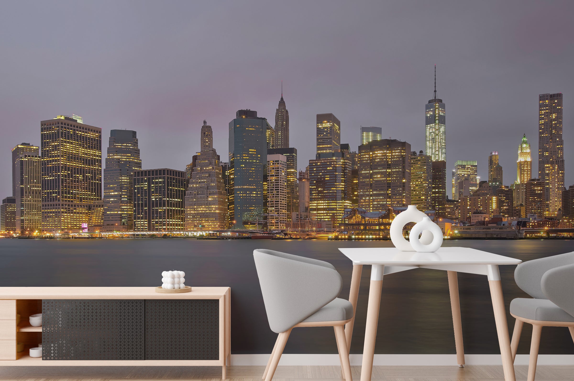 Designer dining area decorated with panoramic metropolitan skyline wallpaper creating bold architectural visual statement.