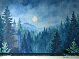 Modern office accent wall with layered blue pine trees and mountain landscape, enhancing workspace decor