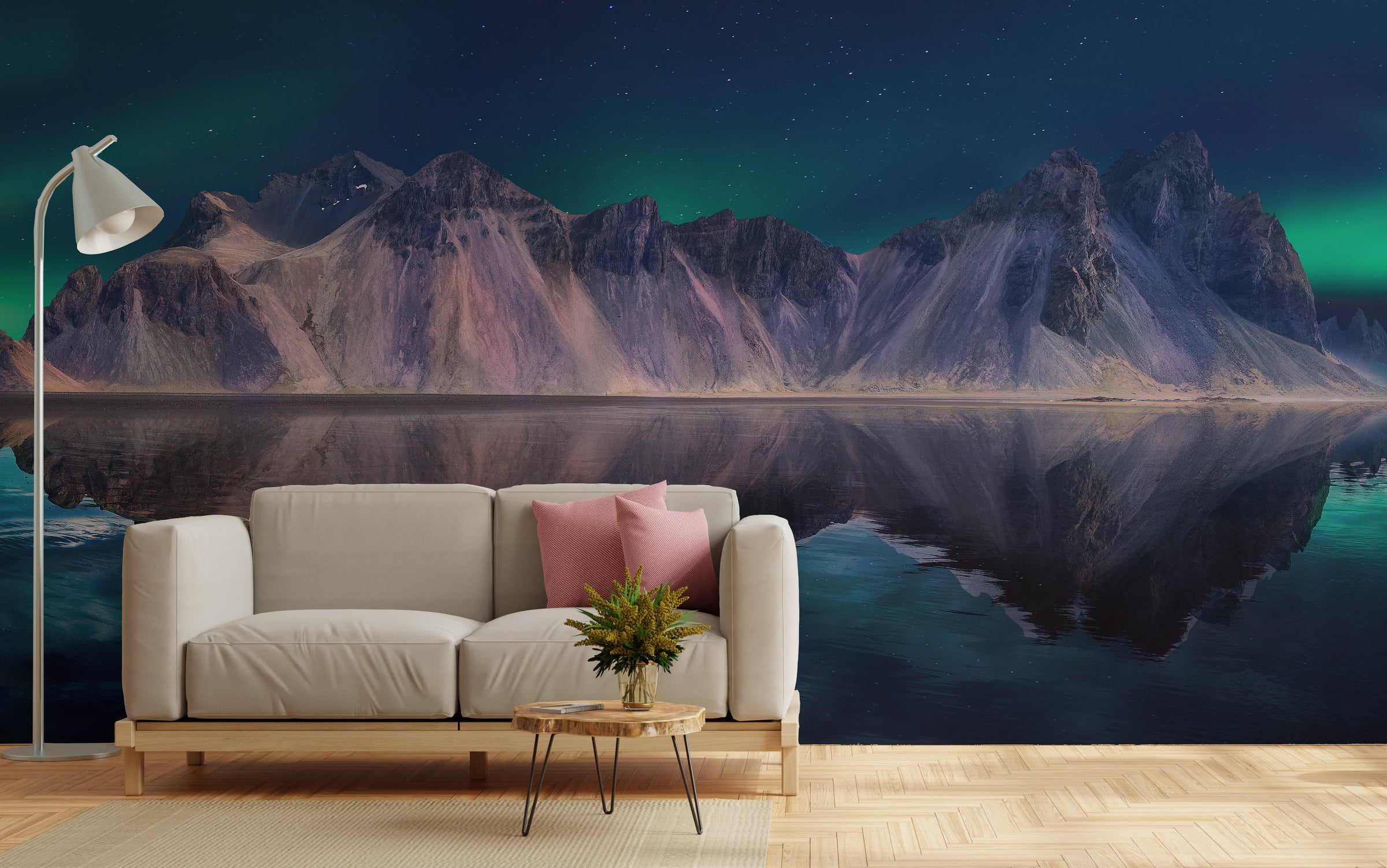 Aurora night mountain wall mural with deep blue lake reflection for cozy bedroom design