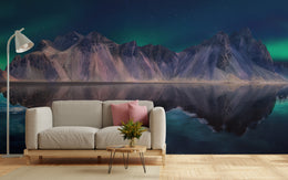 Aurora night mountain wall mural with deep blue lake reflection for cozy bedroom design
