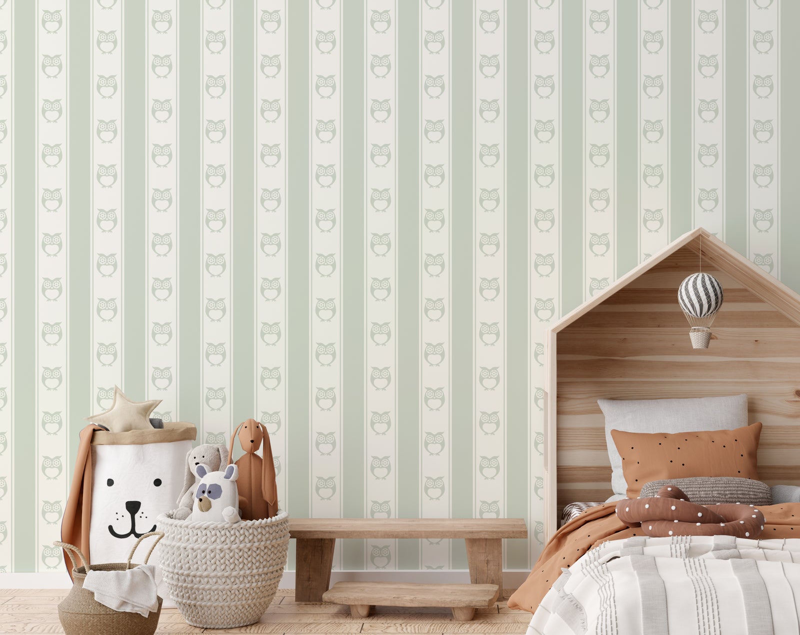 Owl Nursery Peel and Stick Wallpaper | Sage Green Forest Animals – Repeat Pattern