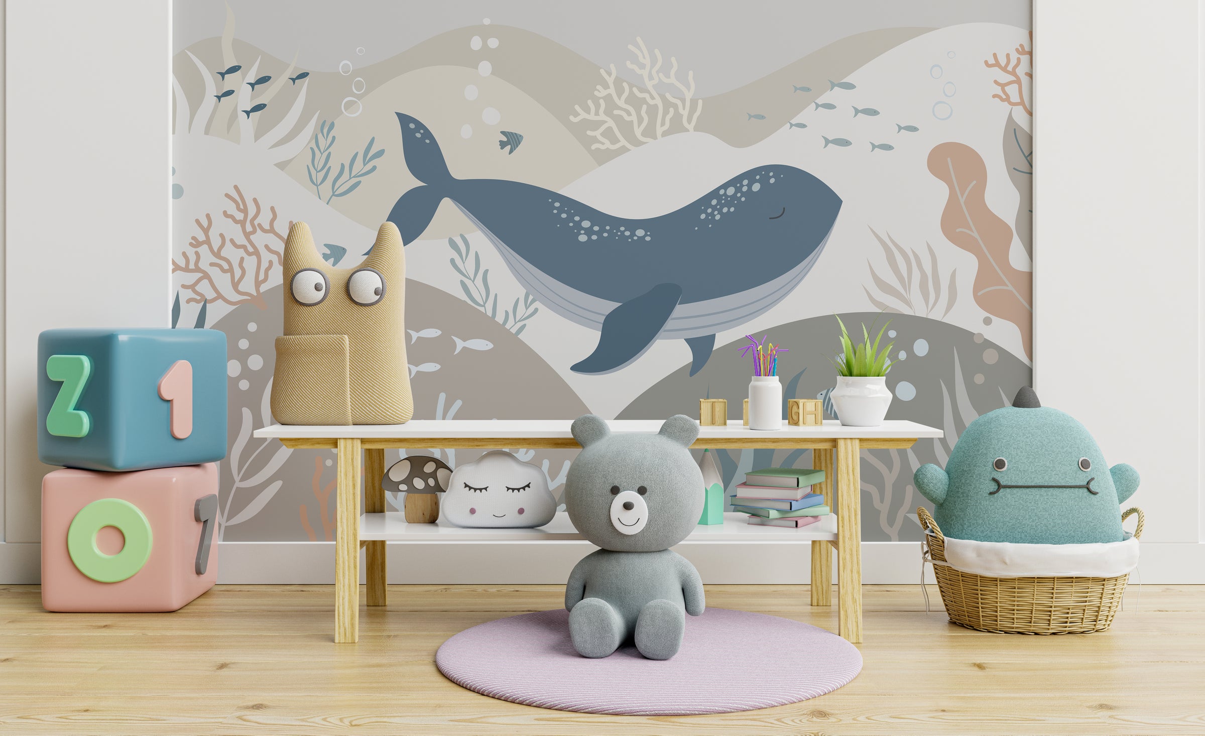 Cute whale fish coral reef wallpaper for children learning room background