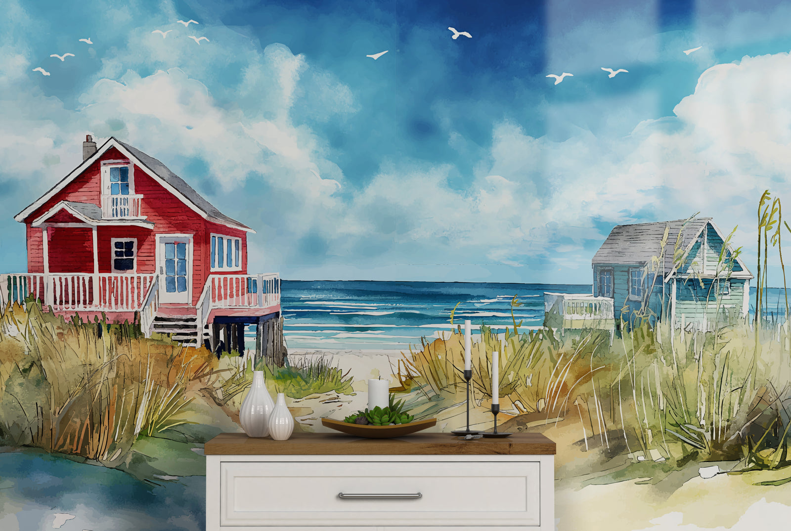 Luxury coastal wall mural with beachfront cottages and sky for study room wall decor