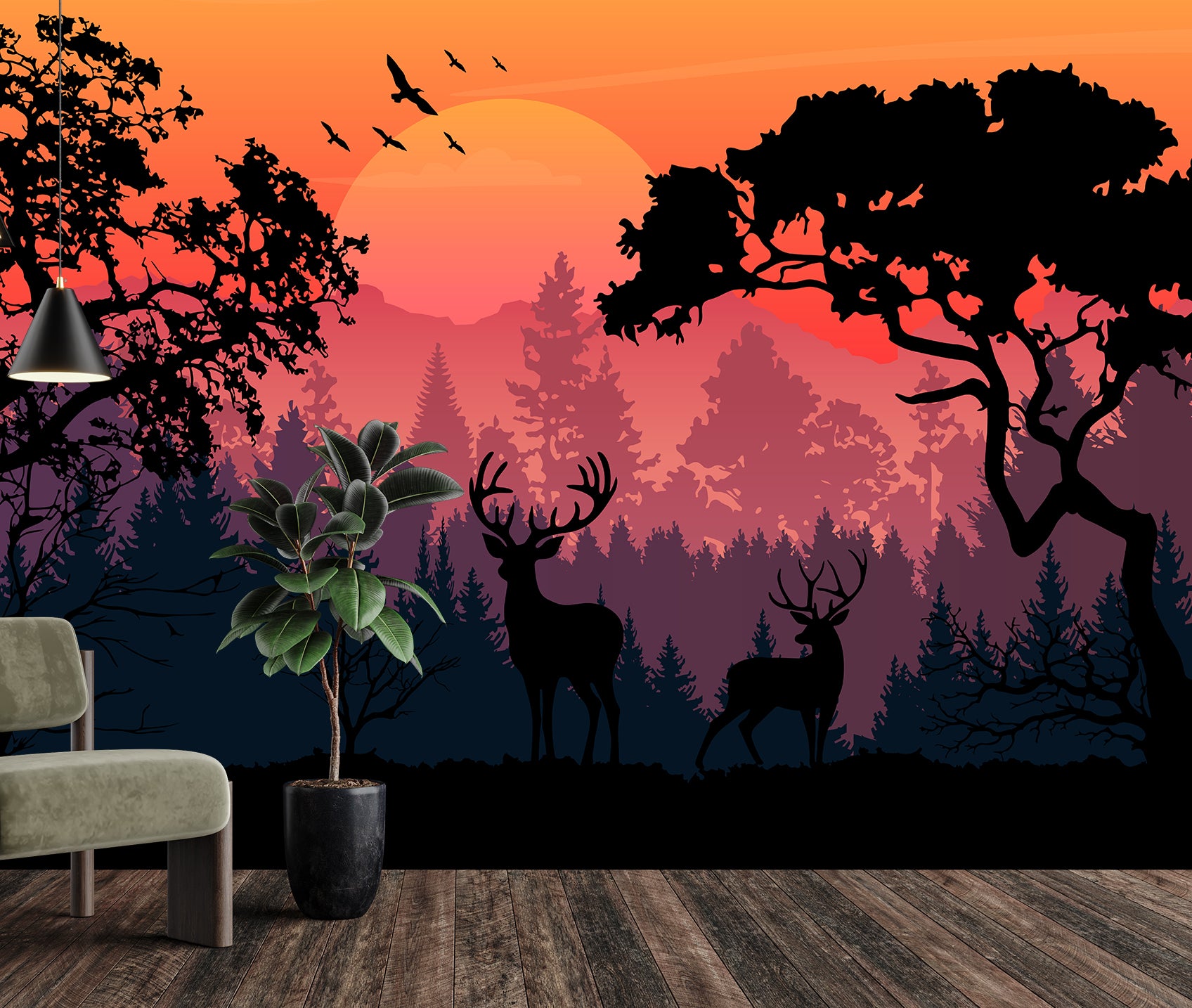 Forest sunset wall mural with deer, creating relaxing and stylish bedroom ambiance.