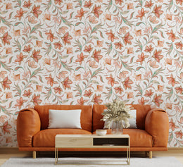 Floral Peel and Stick Wallpaper | Orange Botanical Watercolor Wallpaper