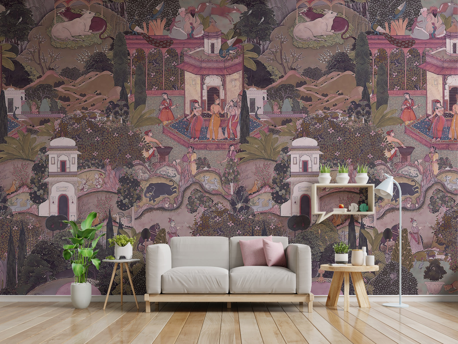 Luxury lounge accent wall wallpaper with classic Mughal garden illustration, rich earthy palette for premium interiors