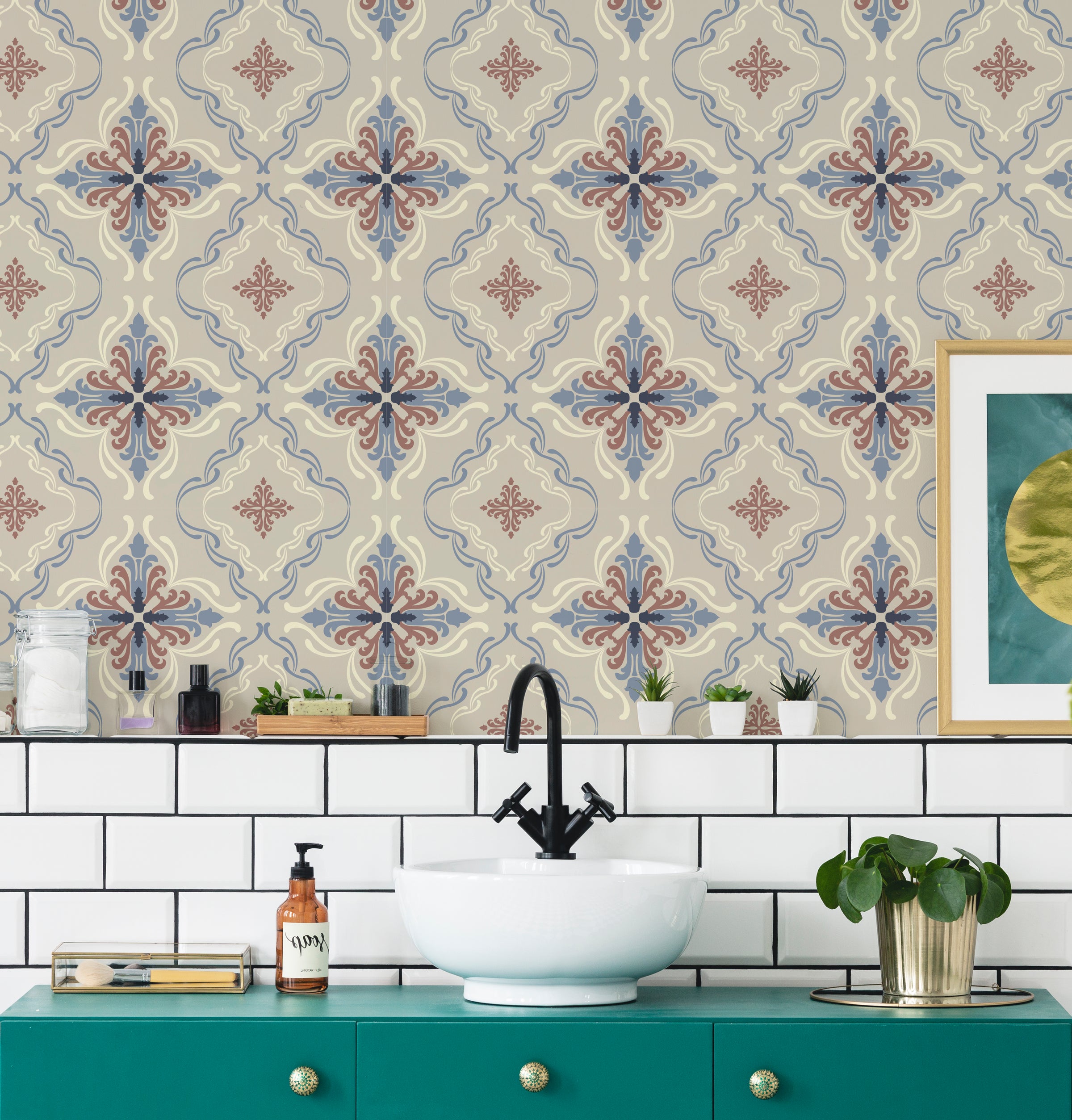Modern kitchen accent wall wallpaper with intricate beige blue damask pattern, elegant decor style