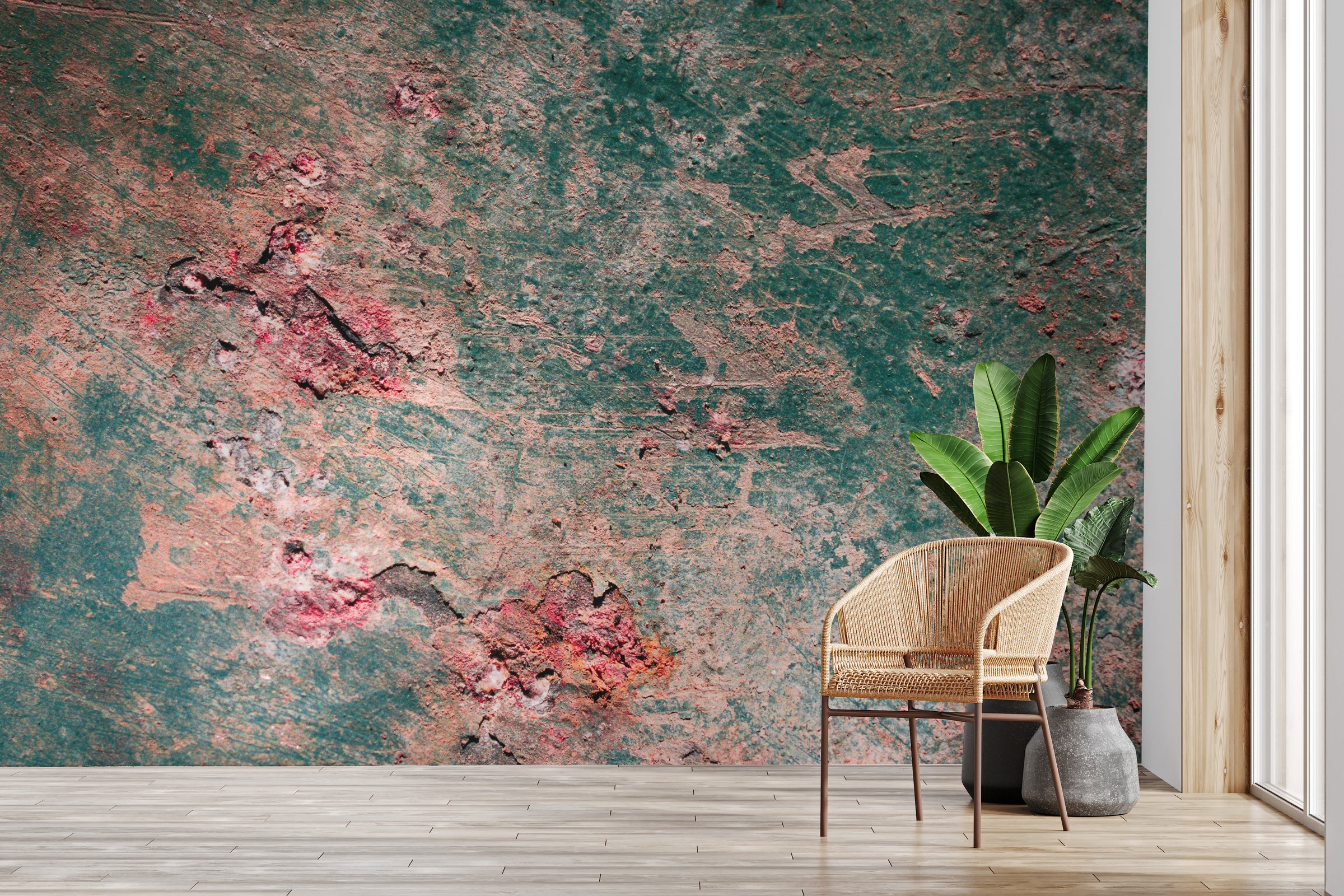 Industrial Grunge Metallic Wallpaper | Green and Pink Removable Wall Mural