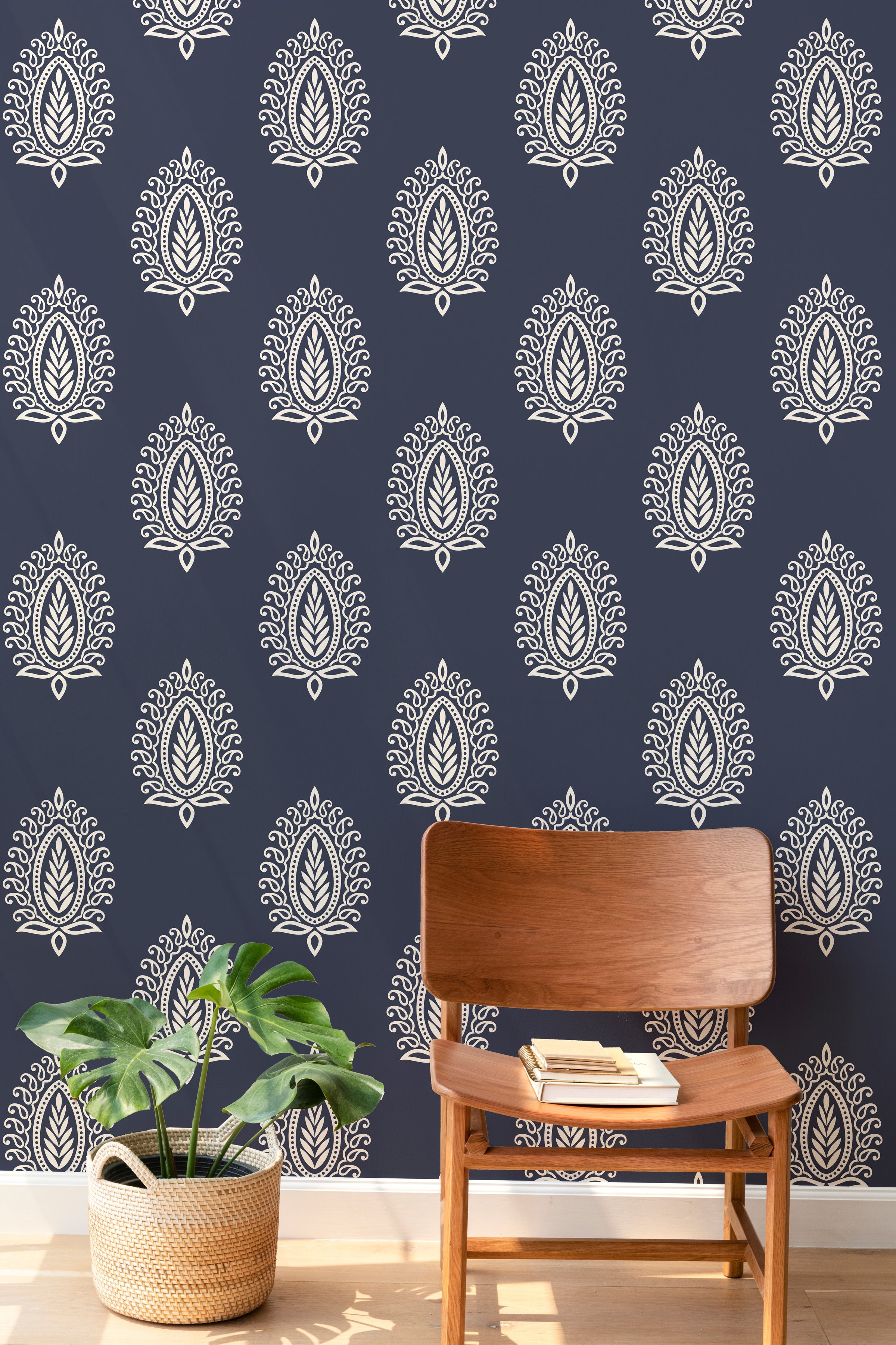 Decorative paisley wallpaper rich navy tones bring elegance to academic workspace interior