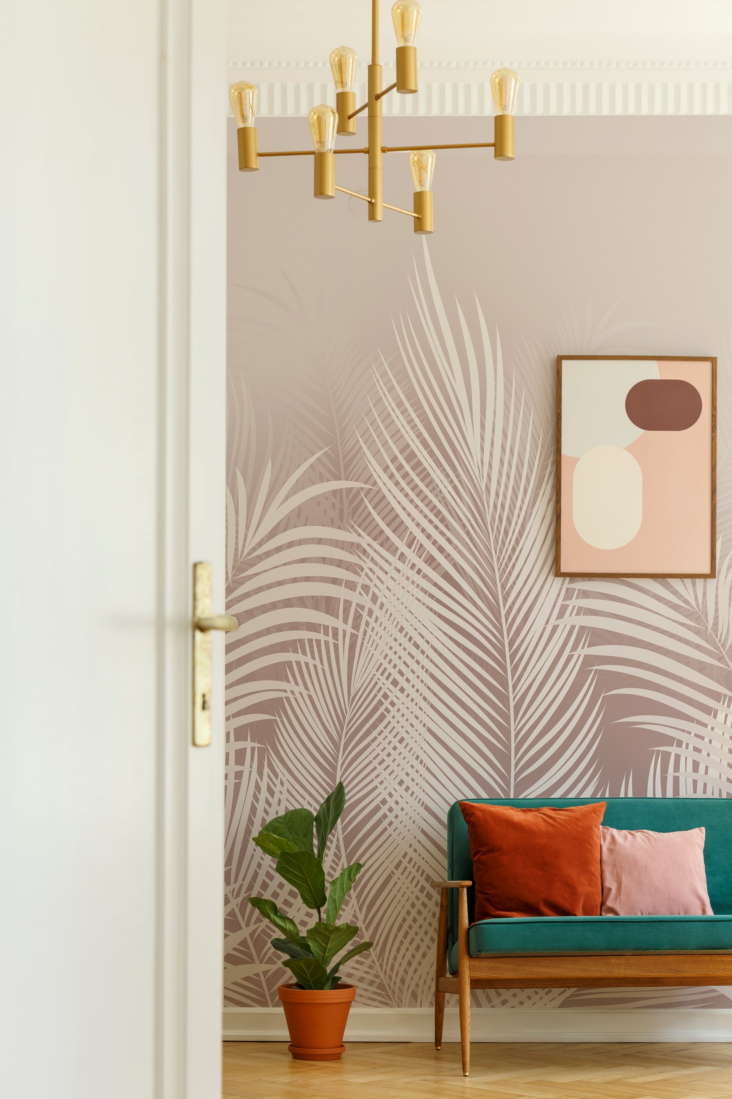 Soft pink tropical leaf wallpaper adding calming botanical feature to stylish bedroom wall
