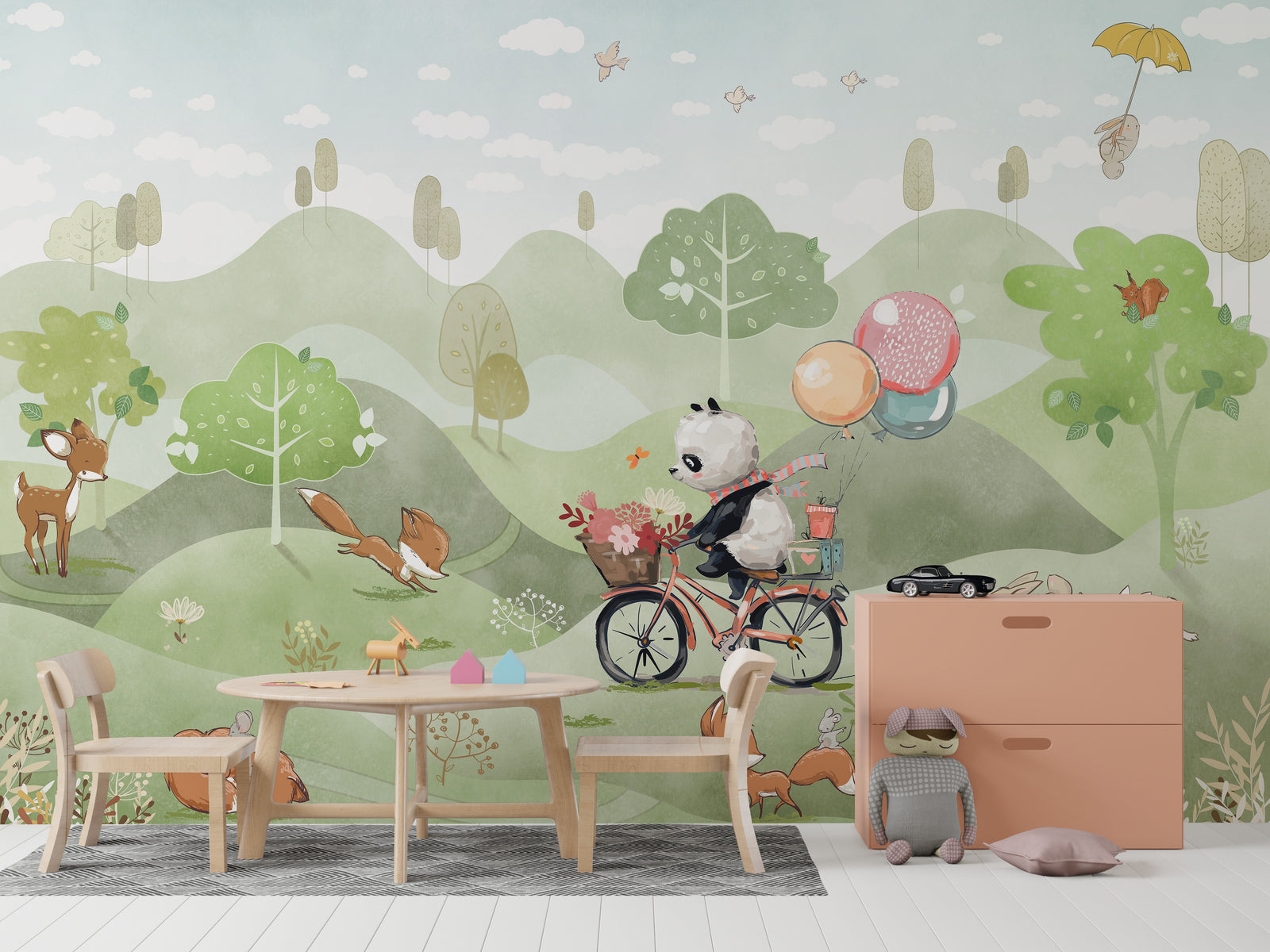 Kids bedroom accent wall with playful woodland animals and colorful balloon adventure scene
