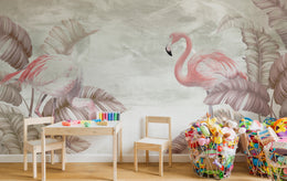 Pastel flamingo wallpaper with tropical leaf pattern for nursery room decor setup