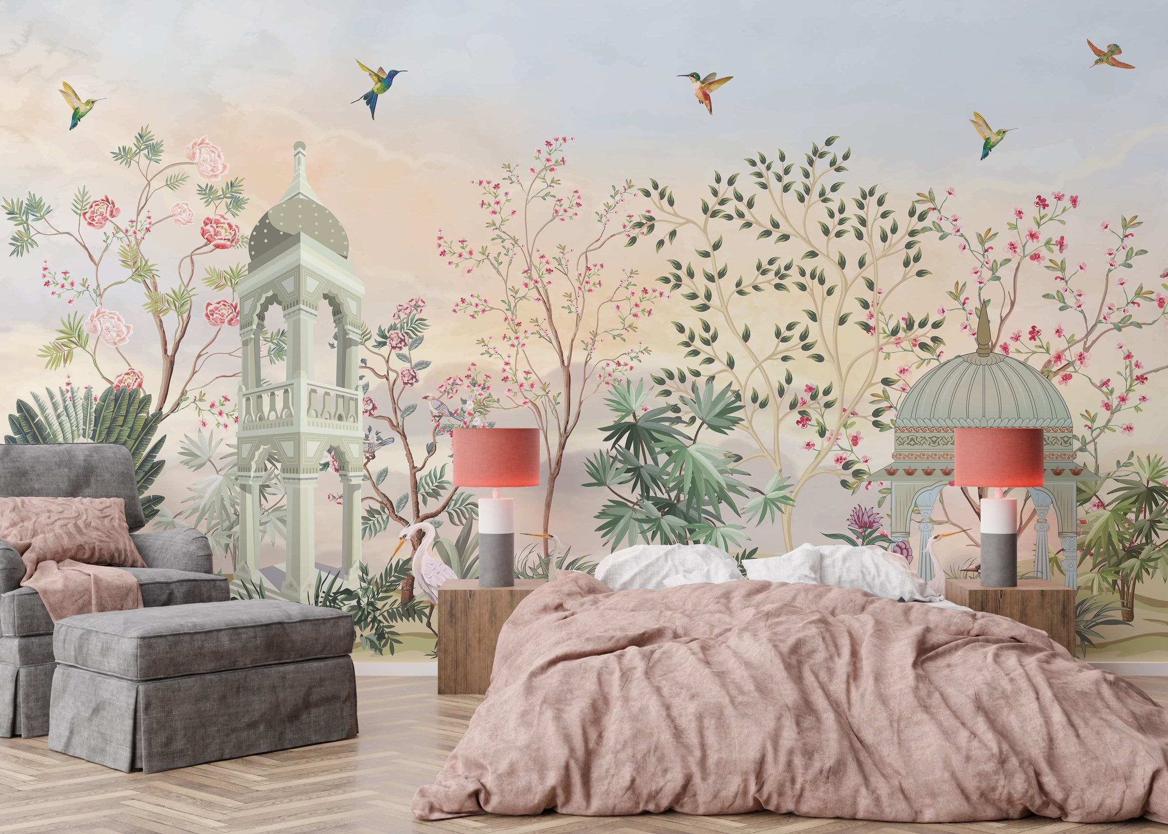 Botanical garden wall mural with cranes and blossoms in warm tones for bedroom decor