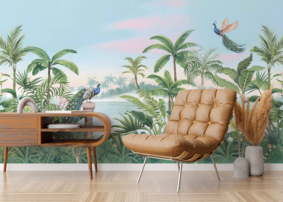 Green Tropical Peacock Jungle Wallpaper | Living Room Botanical Wall Decor