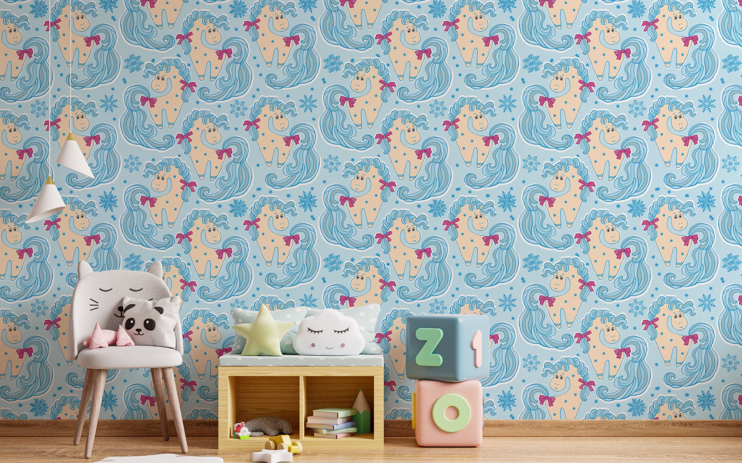 Cartoon unicorn wall mural with pink bows and blue tones for kids room decor