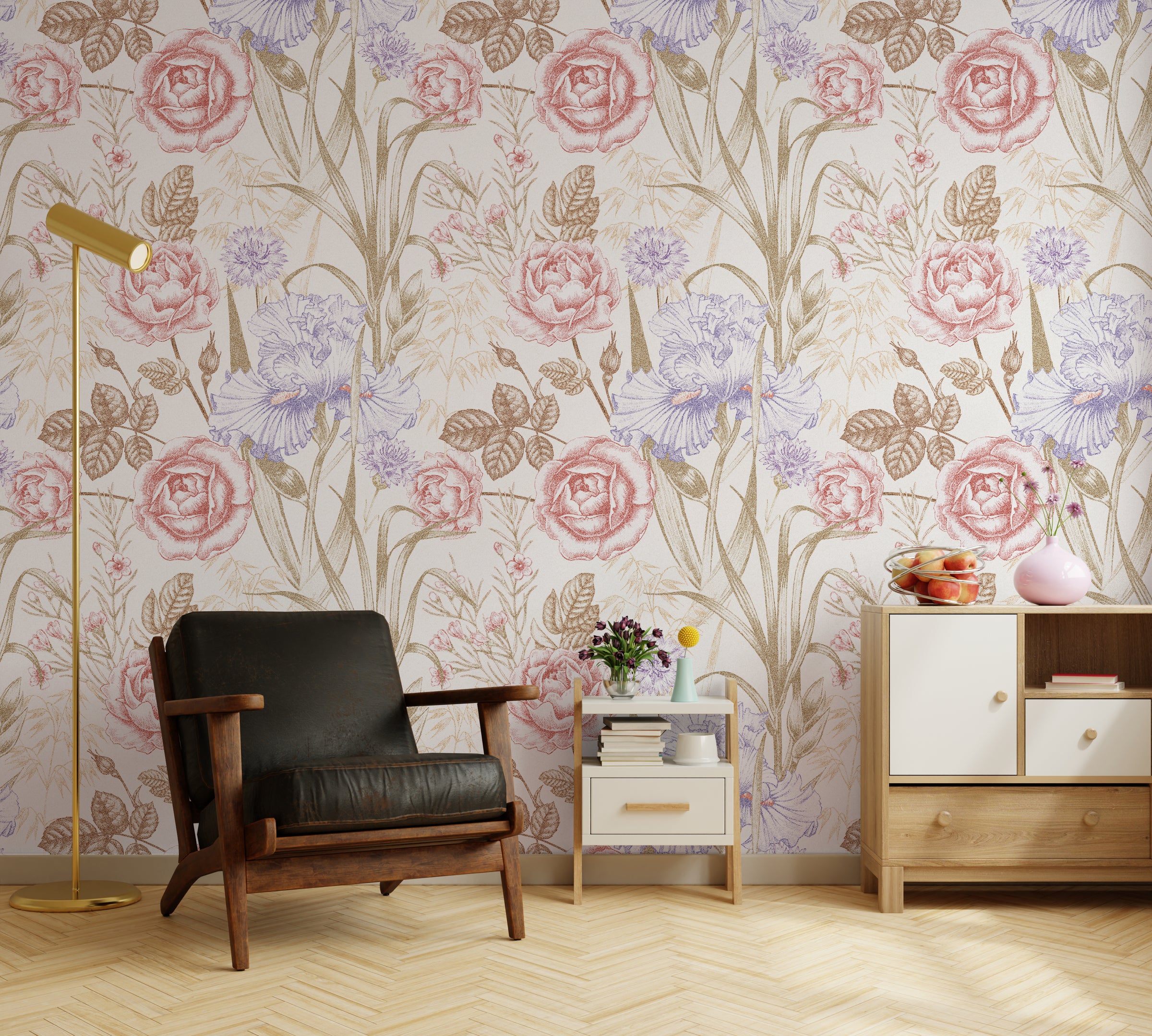 Stylish floral wallpaper with blush pink blooms for elegant hallway or entryway decor