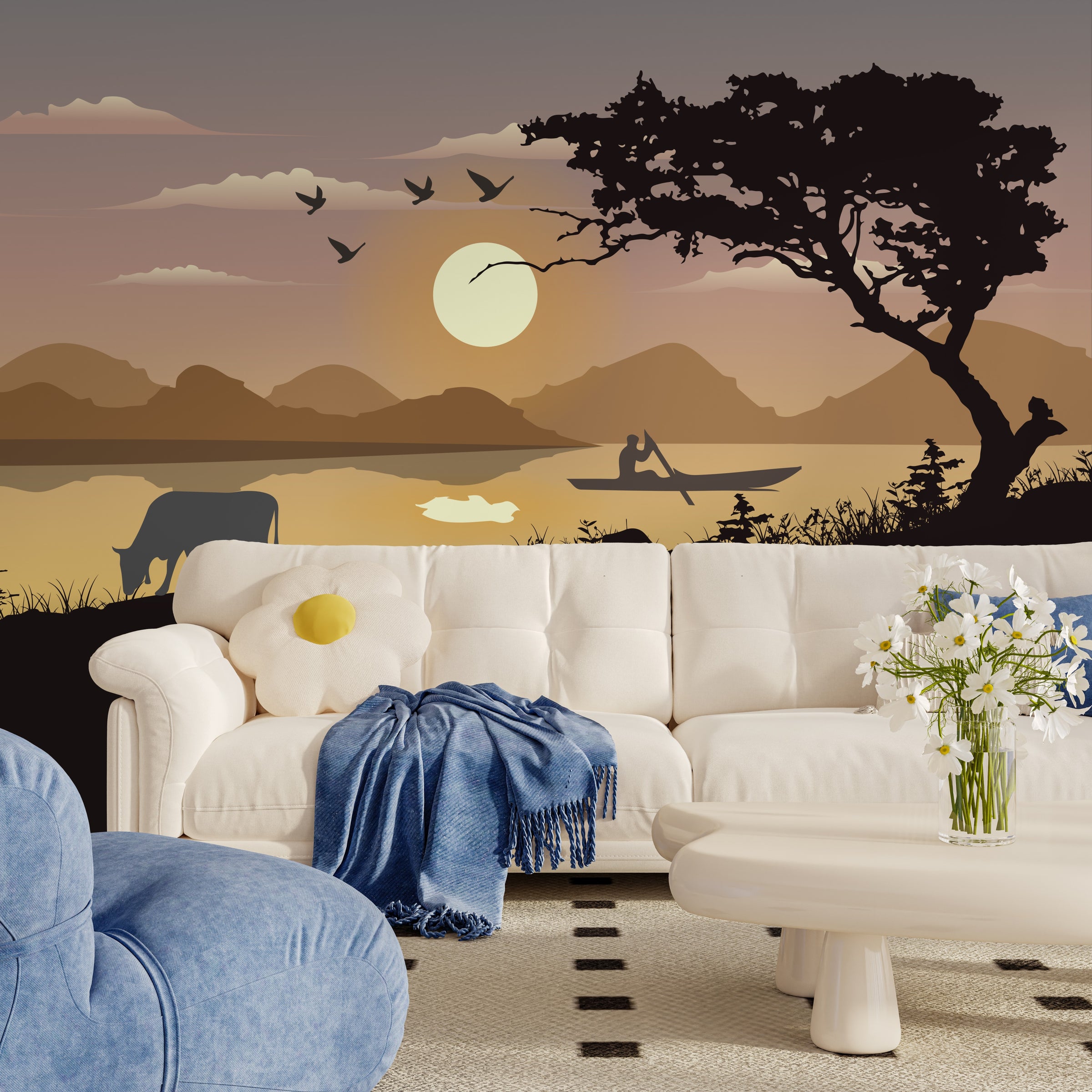 Sunset lake wallpaper with bold boat silhouette, glowing orange sky, modern living room decor