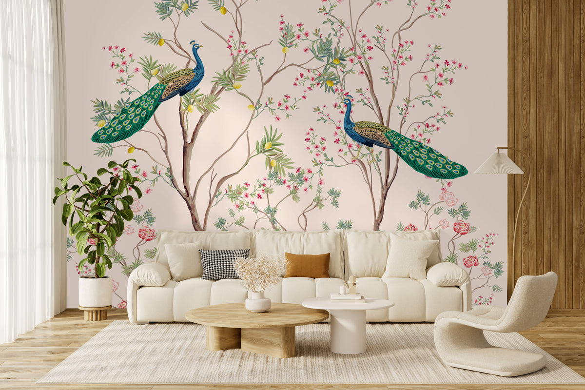 Peacock Wallpaper Chinoiserie Blossom Tree Design Living Room Decor Self Adhesive