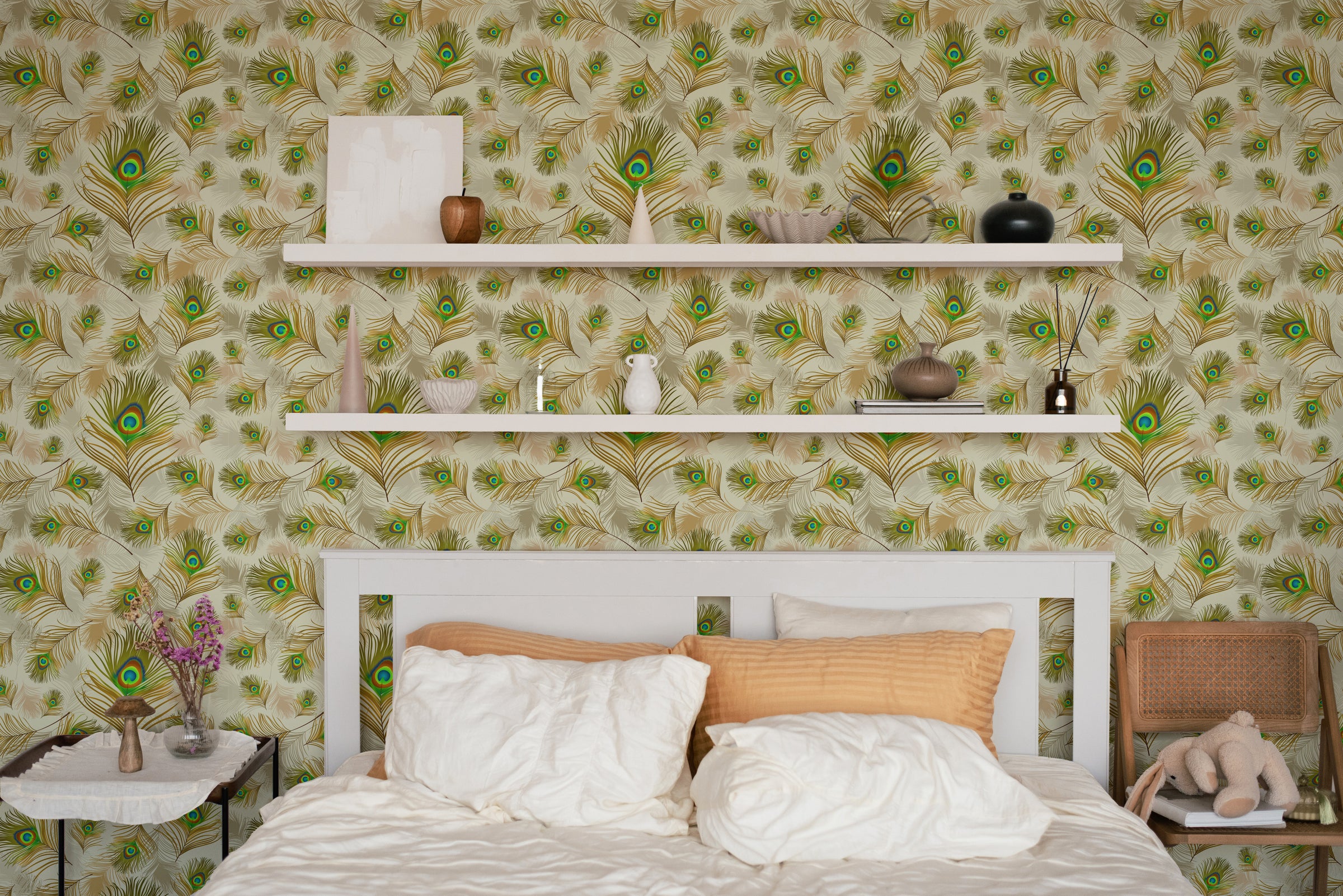 Elegant peacock feather wall design in green gold enhances luxury bedroom interior styling