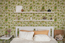 Elegant peacock feather wall design in green gold enhances luxury bedroom interior styling