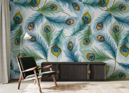 Modern peacock feather wallpaper adding creative and stylish vibe to workspace office