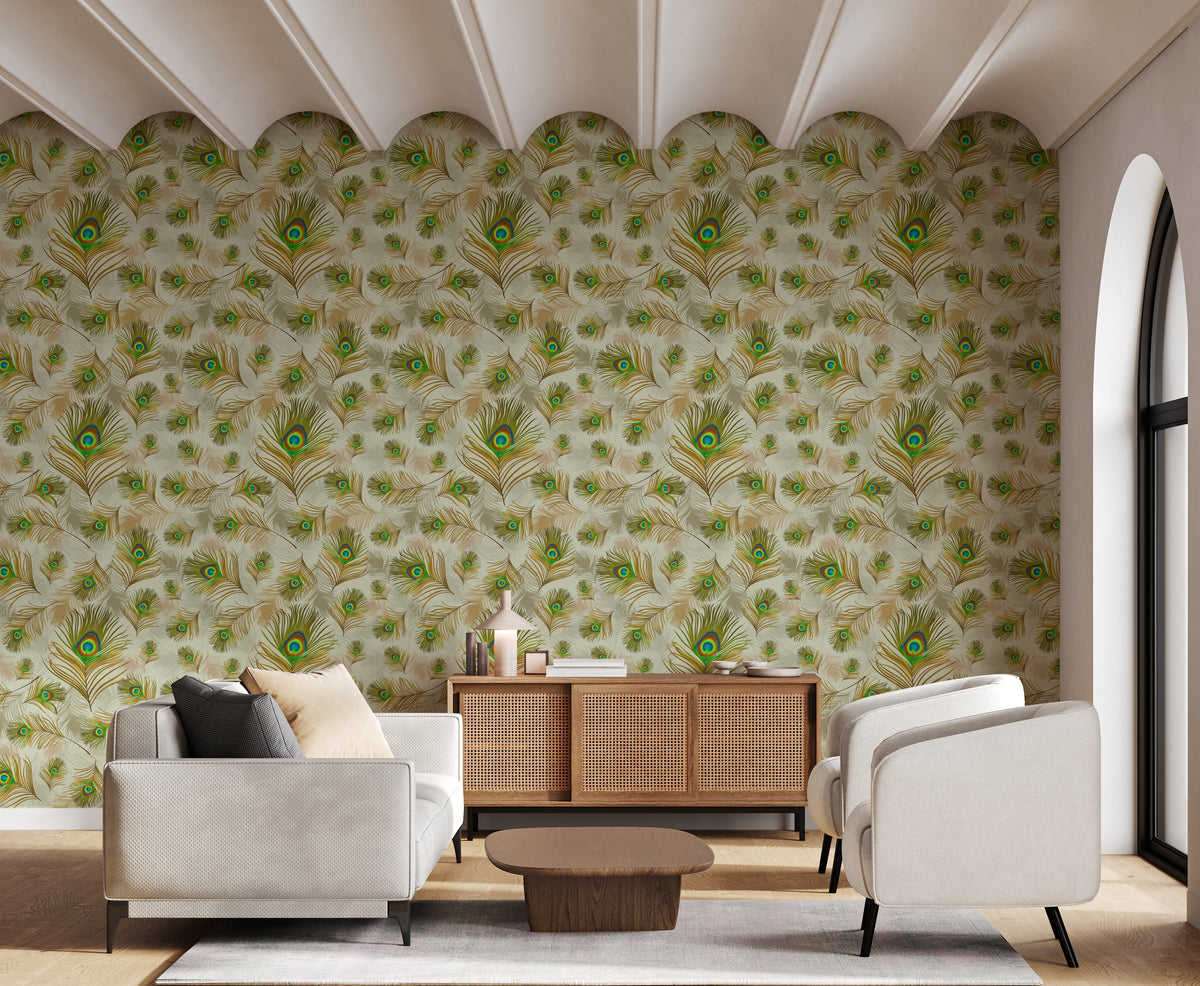 Repeat Pattern Peacock Feather Wallpaper Soft Green Self-Adhesive Home Decor