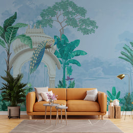 Botanical bird design with beige floral branches for modern living room accent wall