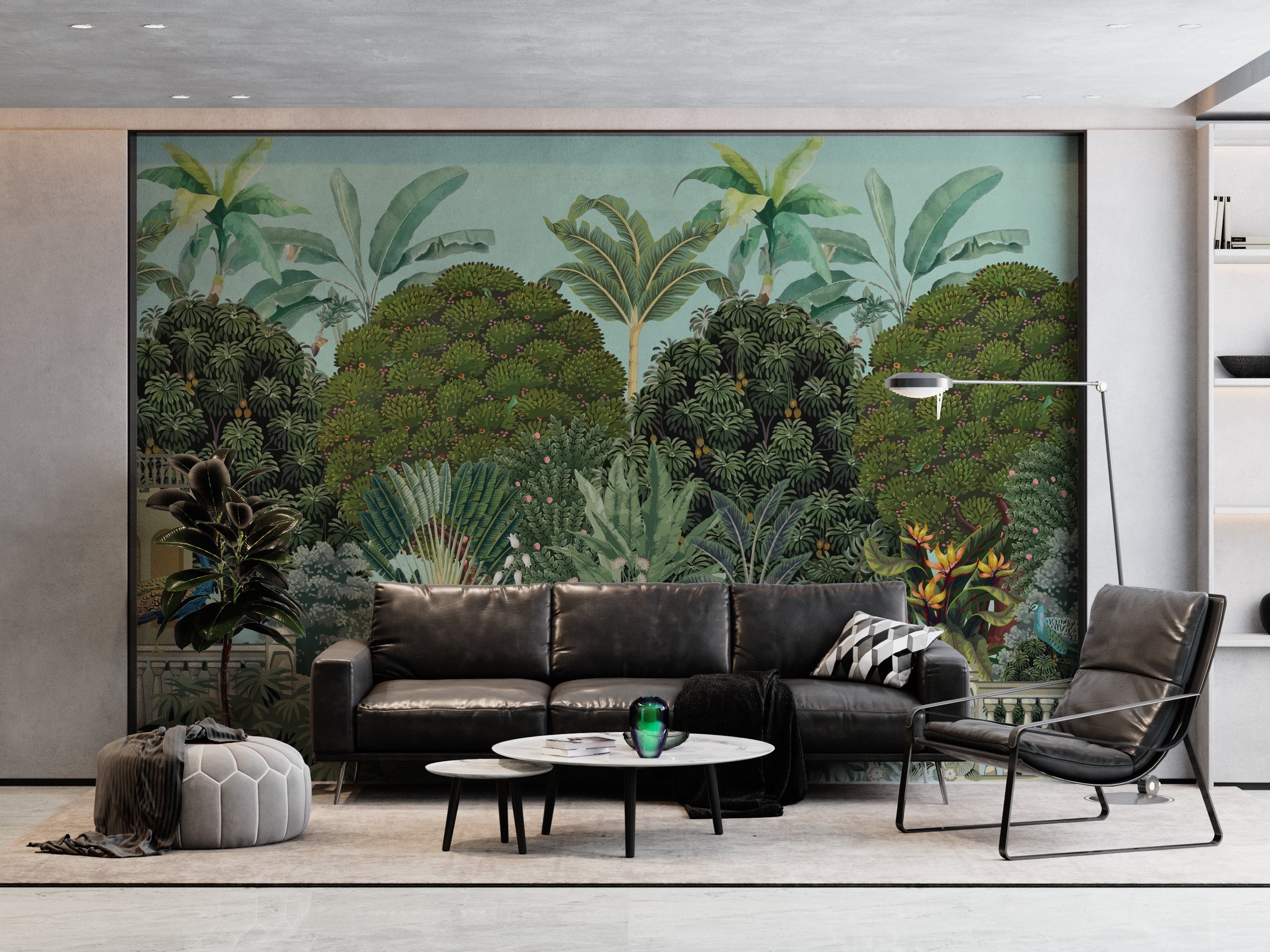 Decorative tropical mural featuring palace garden and peacocks for entryway statement wall