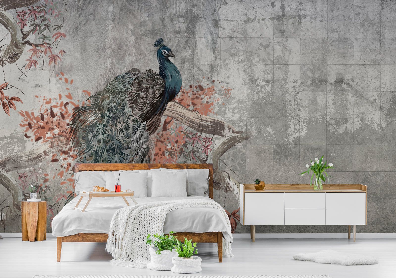Peacock Concrete Wallpaper | Grey Vintage Peel and Stick Wall Mural