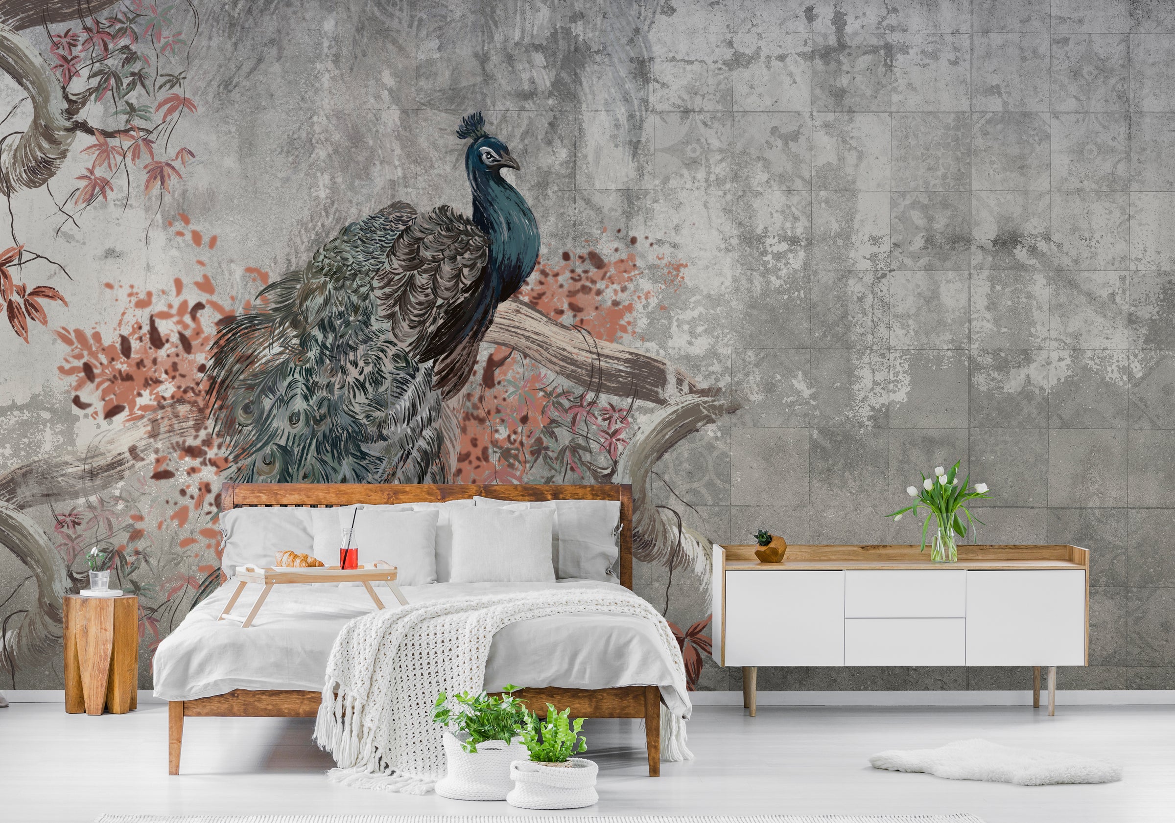 Peacock Concrete Wallpaper | Grey Vintage Peel and Stick Wall Mural