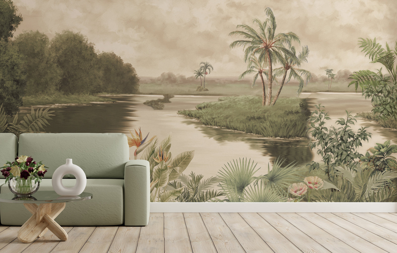 Serene river retreat jungle mural featuring flowing water and lush greenery creating peaceful focal point in living spaces.