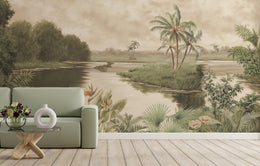 Serene river retreat jungle mural featuring flowing water and lush greenery creating peaceful focal point in living spaces.