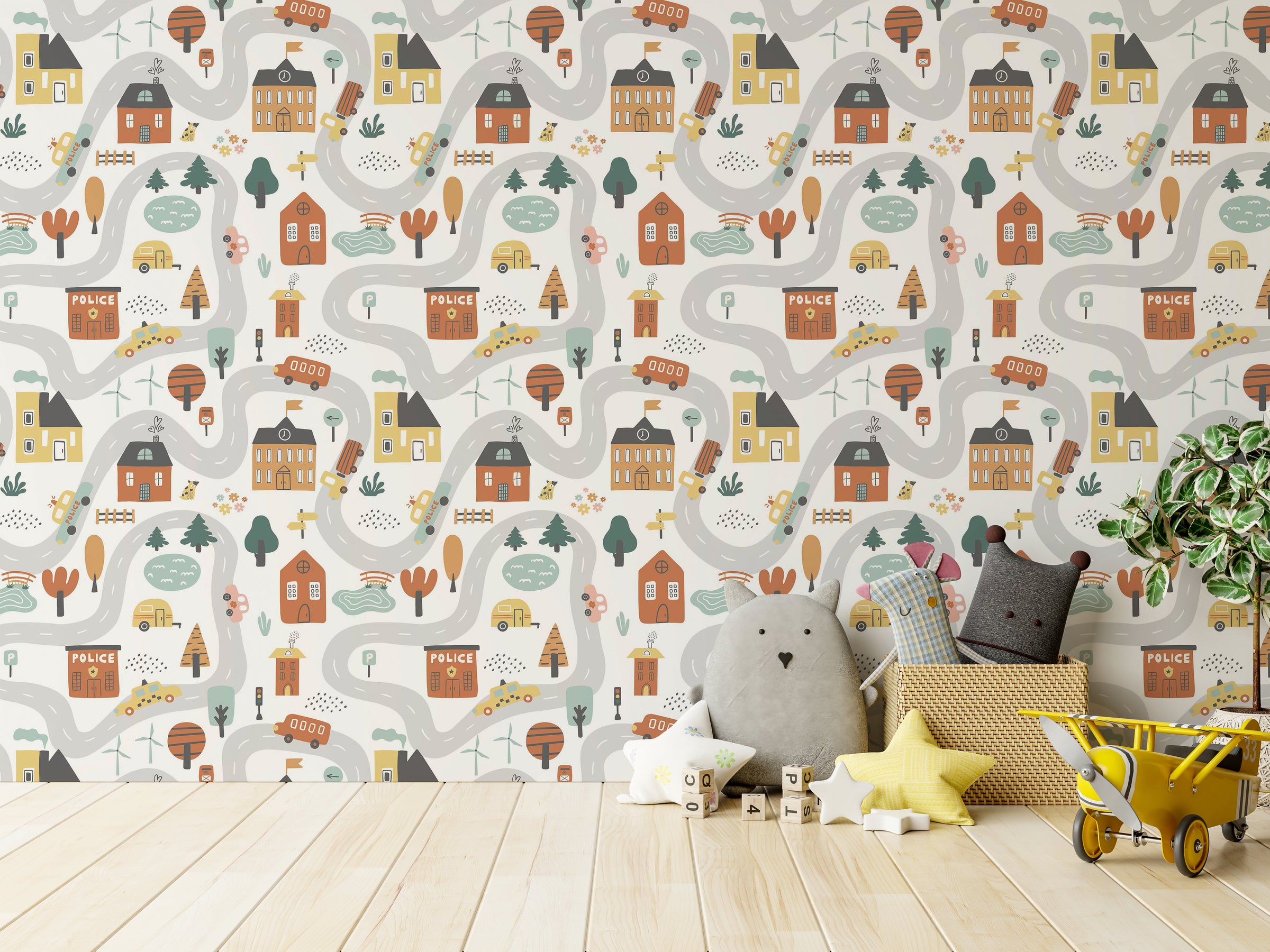 Tent city themed kids room wallpaper showcasing playful schools, buses, winding roads, and colorful houses pattern in kids bedroom