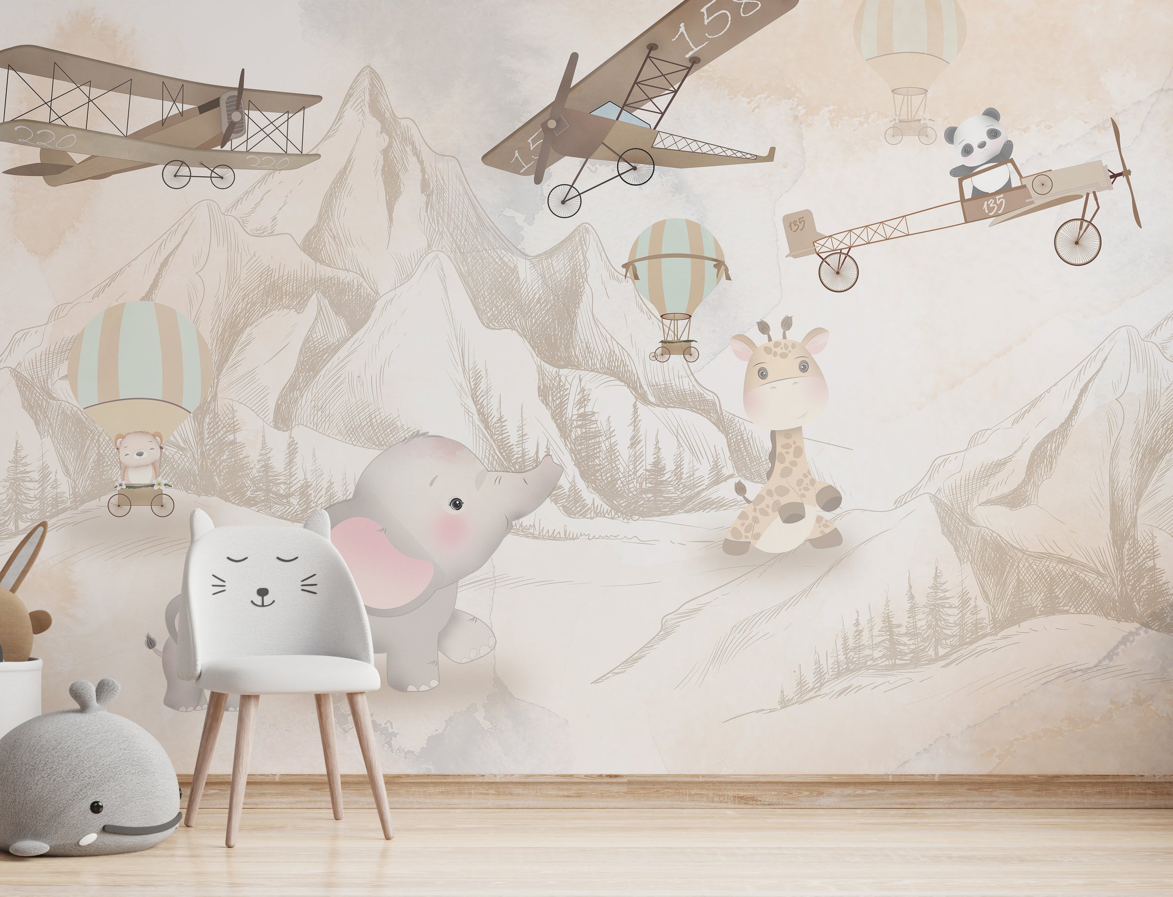 Neutral Safari Animal Nursery Wallpaper | Airplane and Balloon Peel and Stick Vinyl