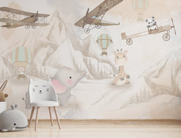 Neutral Safari Animal Nursery Wallpaper | Airplane and Balloon Peel and Stick Vinyl
