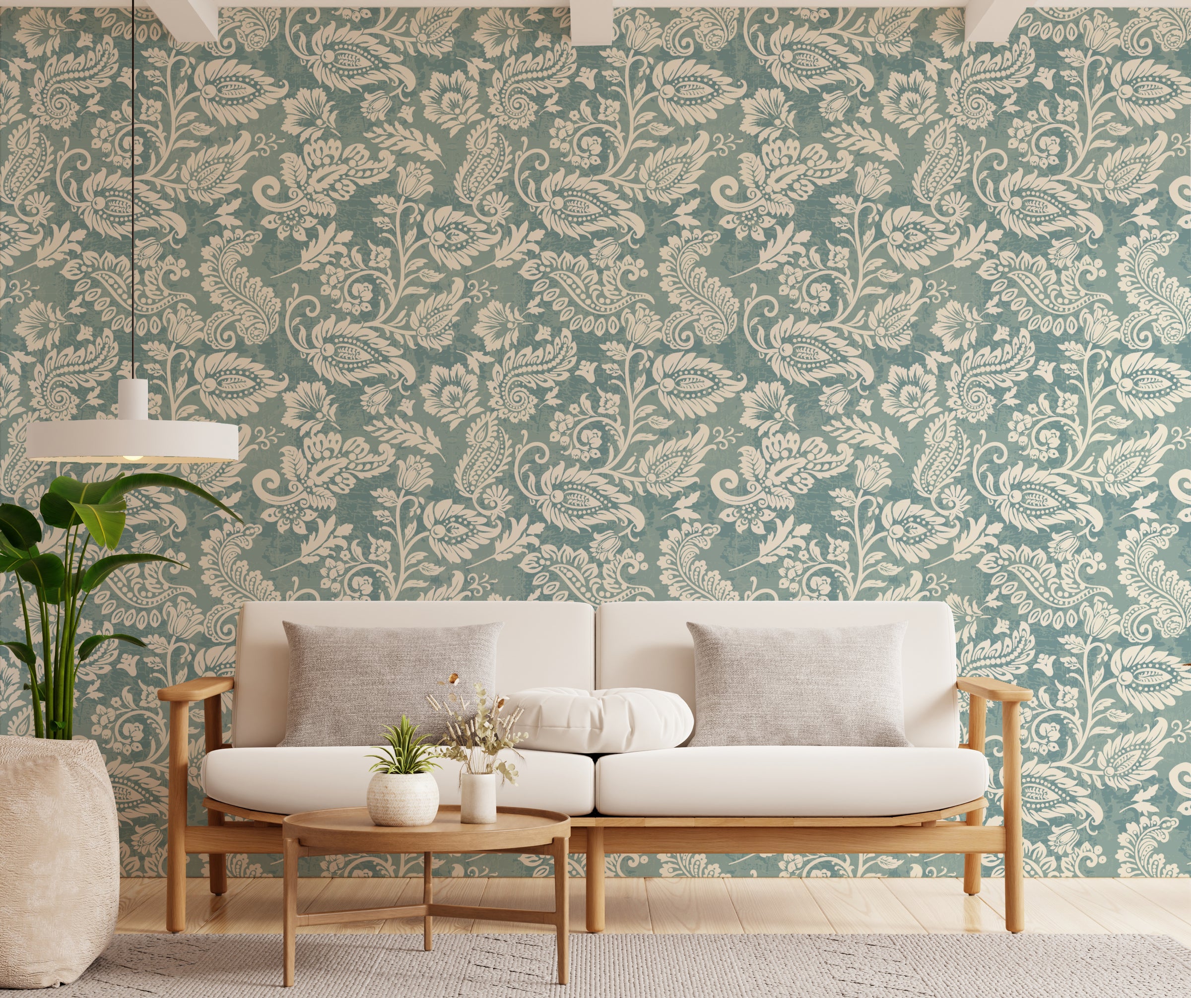 Vintage Teal Floral Living Room Peel and Stick Wallpaper