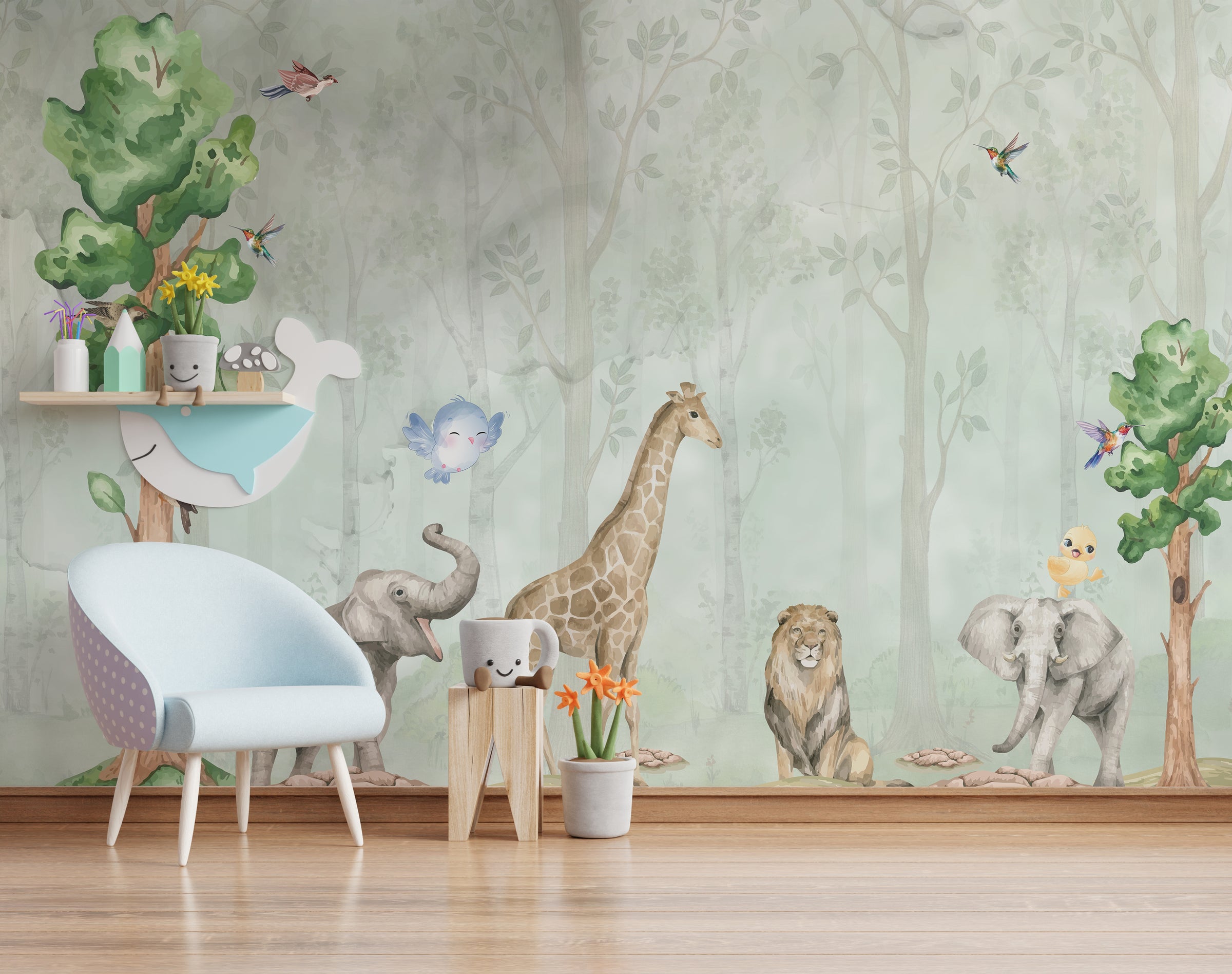 Watercolor Safari Animal Wall Mural | Green Jungle Peel and Stick Wallpaper