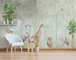 Watercolor Safari Animal Wall Mural | Green Jungle Peel and Stick Wallpaper