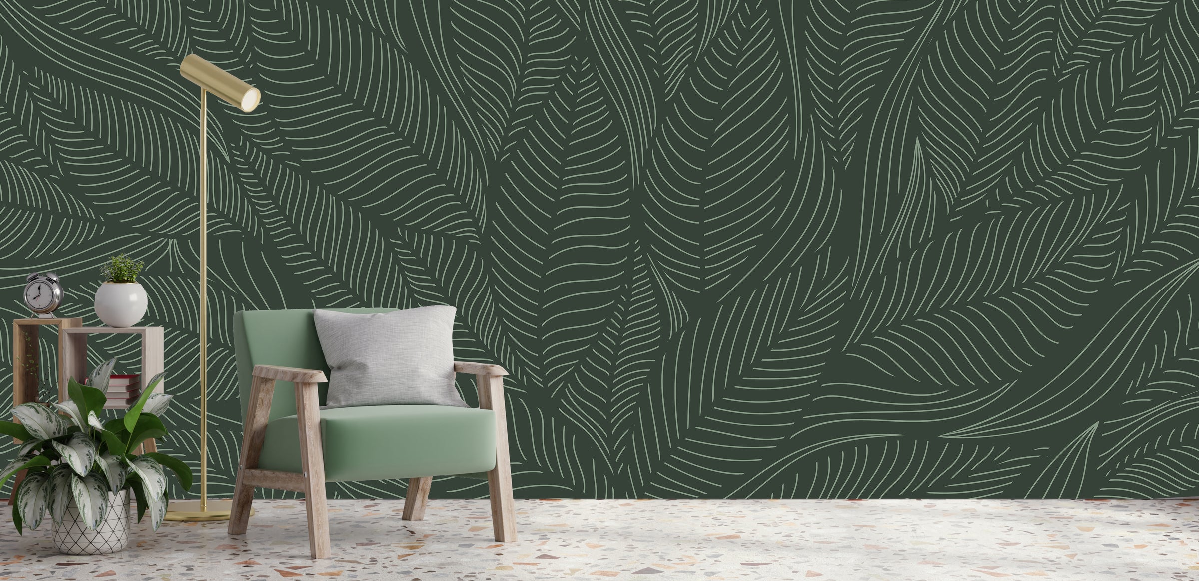 Modern foliage illustration wallpaper for contemporary dining area backdrop
