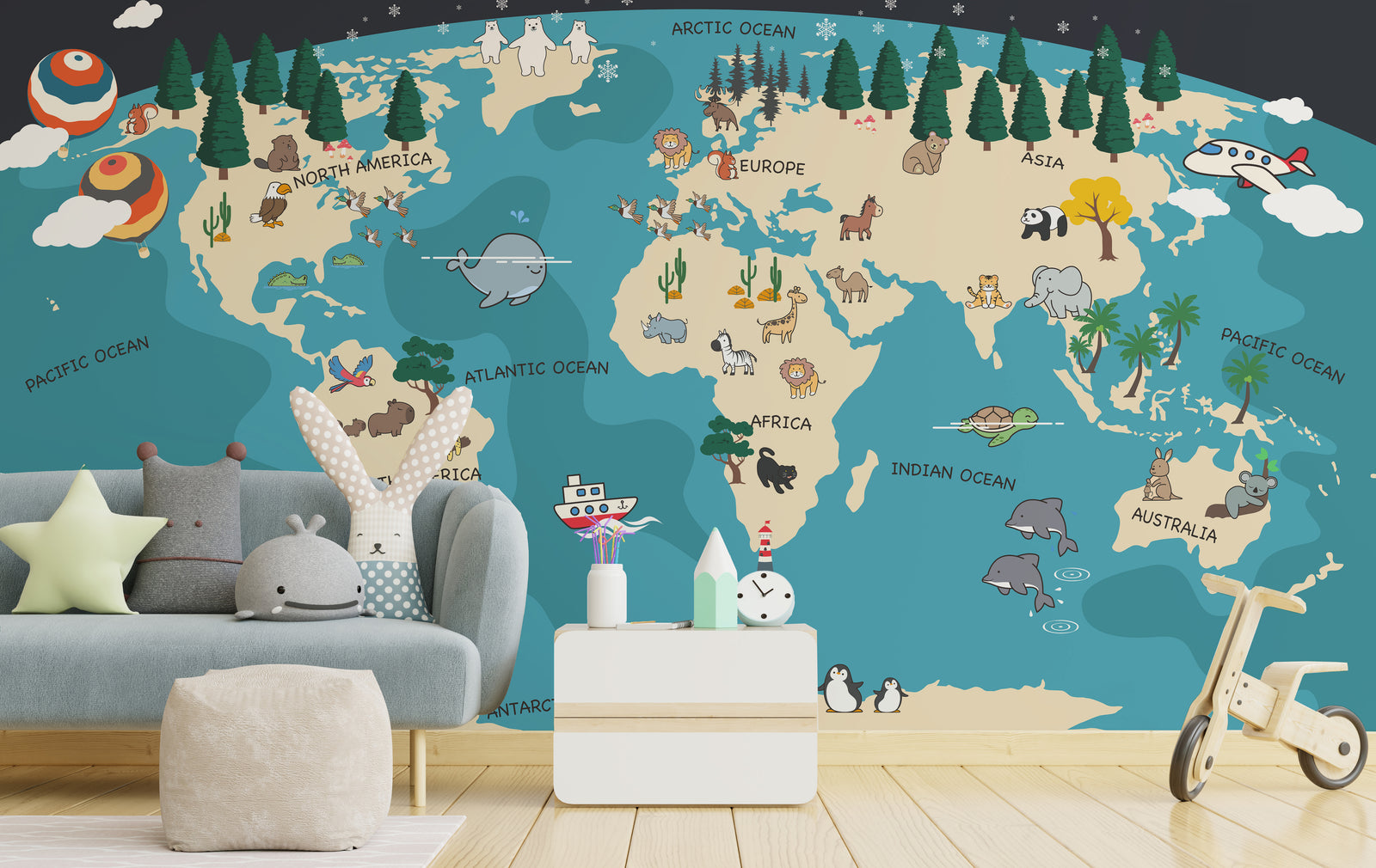 Illustrated world map animal mural in calming blue shades for baby room