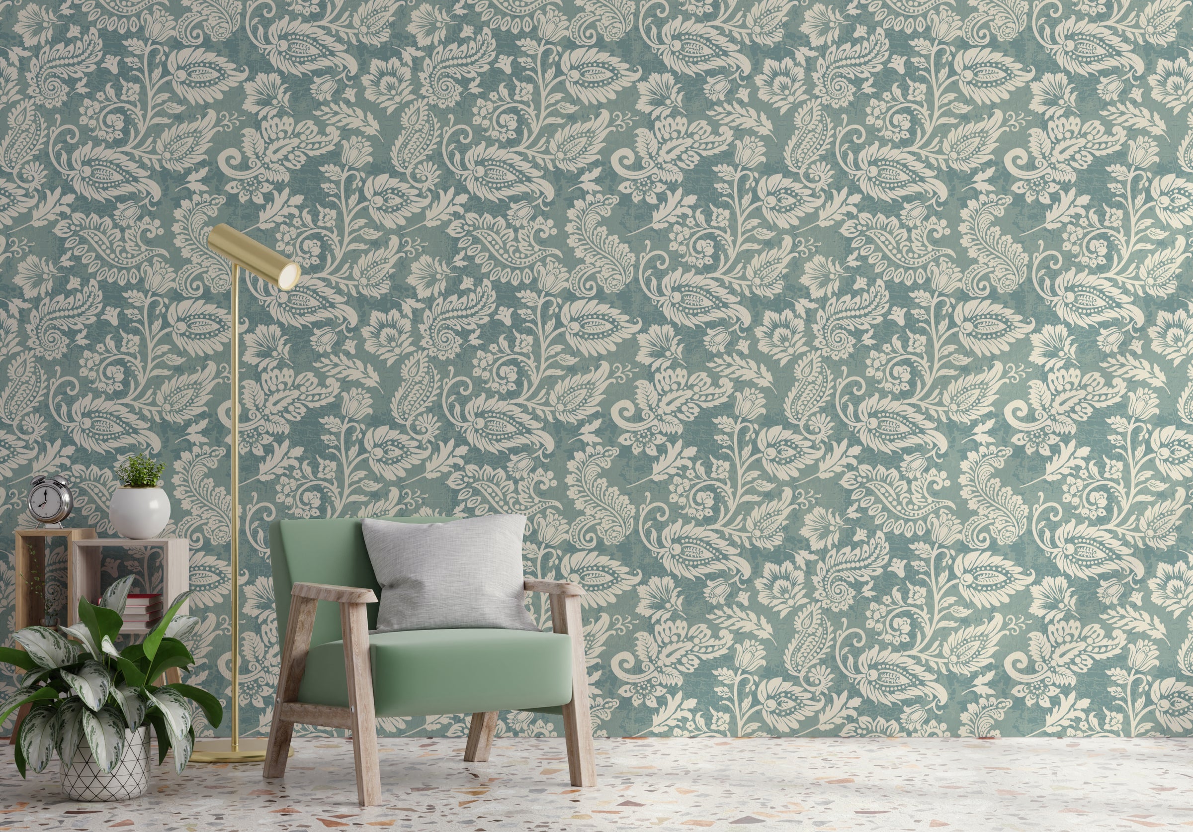 Vintage Teal Floral Living Room Peel and Stick Wallpaper