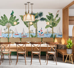 Lush botanical design with oversized green leaves in dining room interior setup