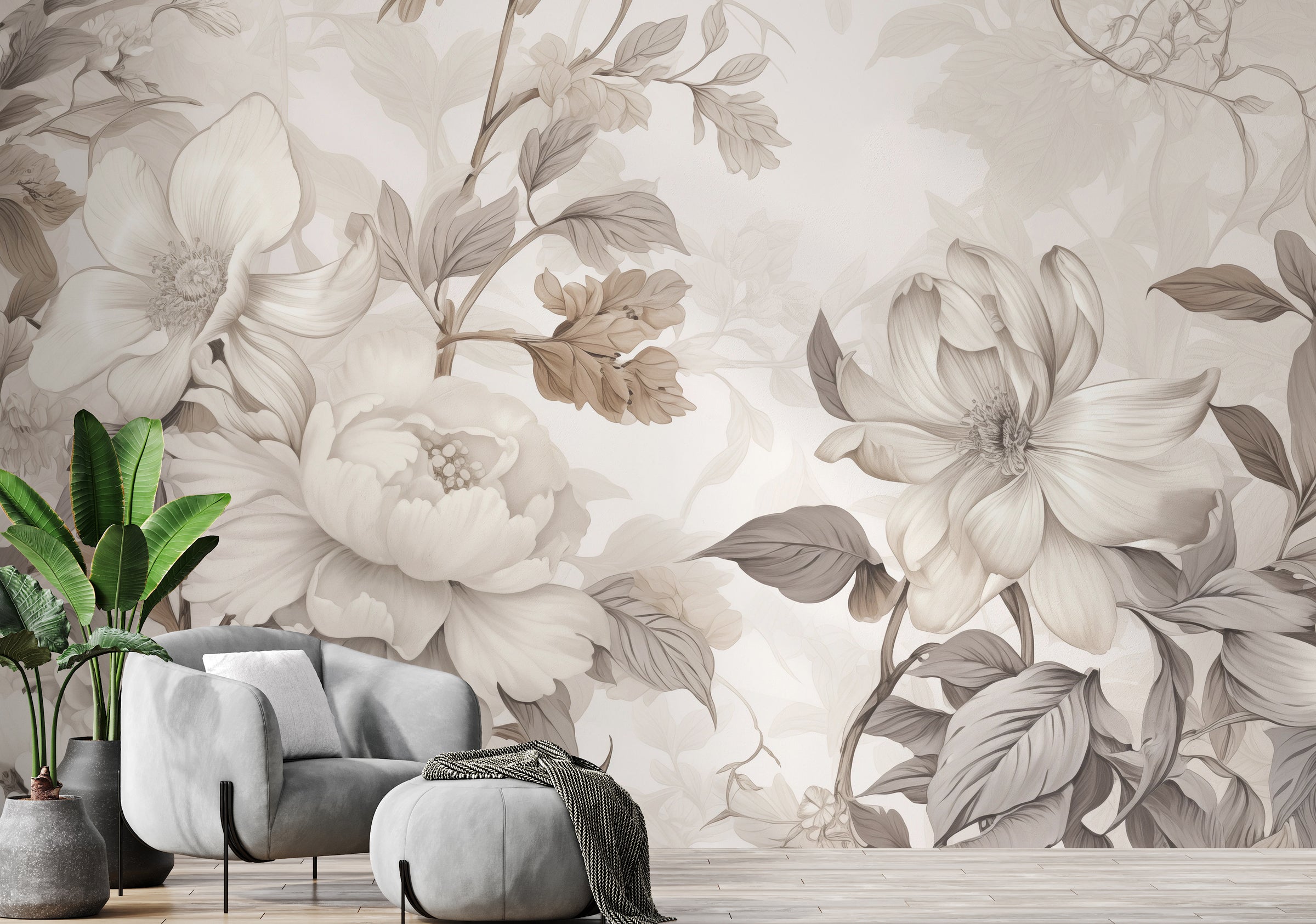 Sophisticated beige botanical flower mural transforming modern apartment sitting area decor.
