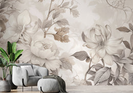 Sophisticated beige botanical flower mural transforming modern apartment sitting area decor.
