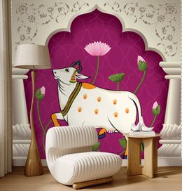 Pink sacred cow lotus wall art creating statement look in contemporary Home office space