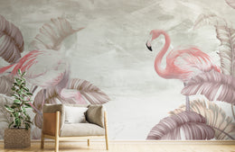 Tropical flamingo wallpaper featuring pastel birds and green foliage for living room walls