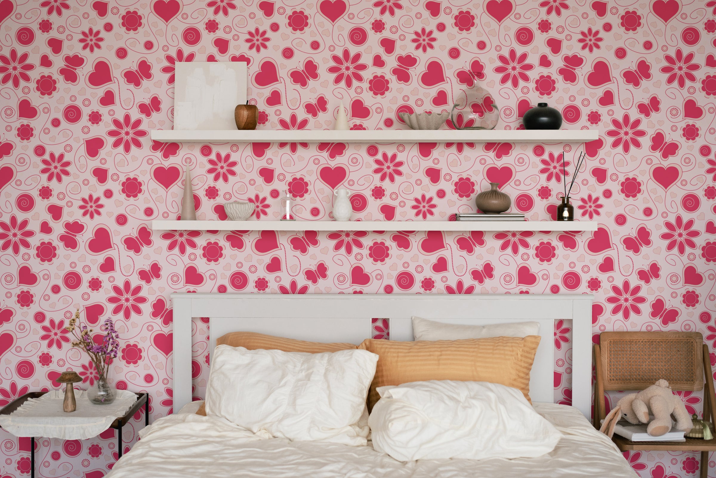 Pink Floral Heart Pattern Wallpaper | Bedroom Removable Home Decor